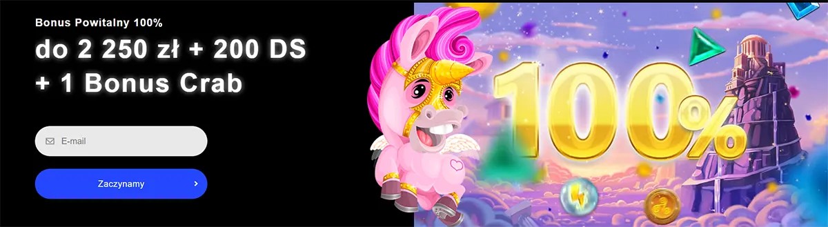 Casino welcome bonus banner offering 100% up to 2,250 PLN with free spins and an email registration form