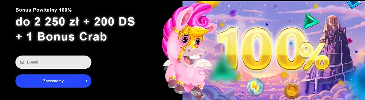 Casino welcome bonus banner offering 100% up to 2,250 PLN with free spins and an email registration form
