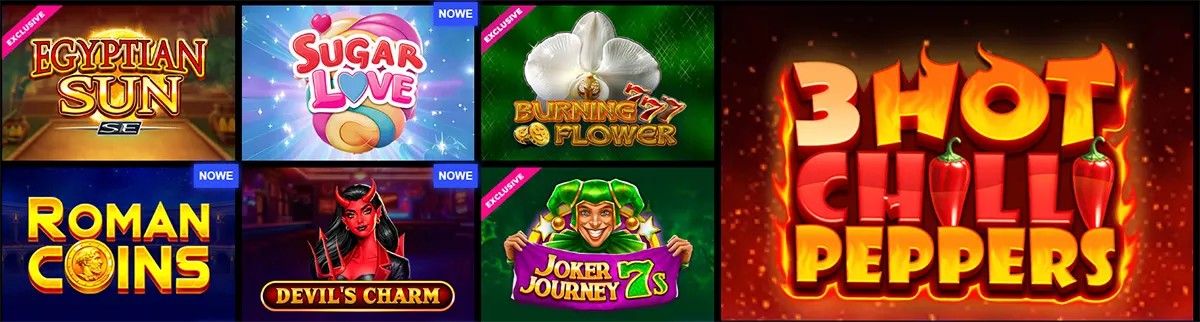 Featured online slot games including Egyptian Sun, Sugar Love, Burning Flower, Roman Coins, Devil’s Charm, Joker Journey, and Hot Chili Peppers