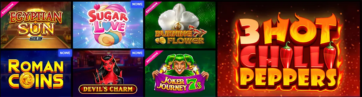 Featured online slot games including Egyptian Sun, Sugar Love, Burning Flower, Roman Coins, Devil’s Charm, Joker Journey, and Hot Chili Peppers