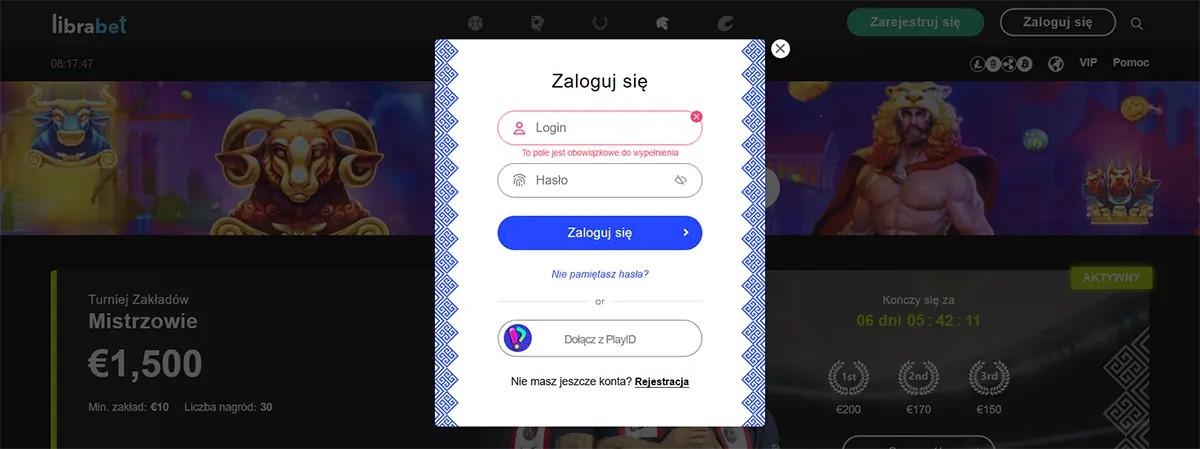 Betting platform login window in Polish showing login, password input, and PlayID sign-in option