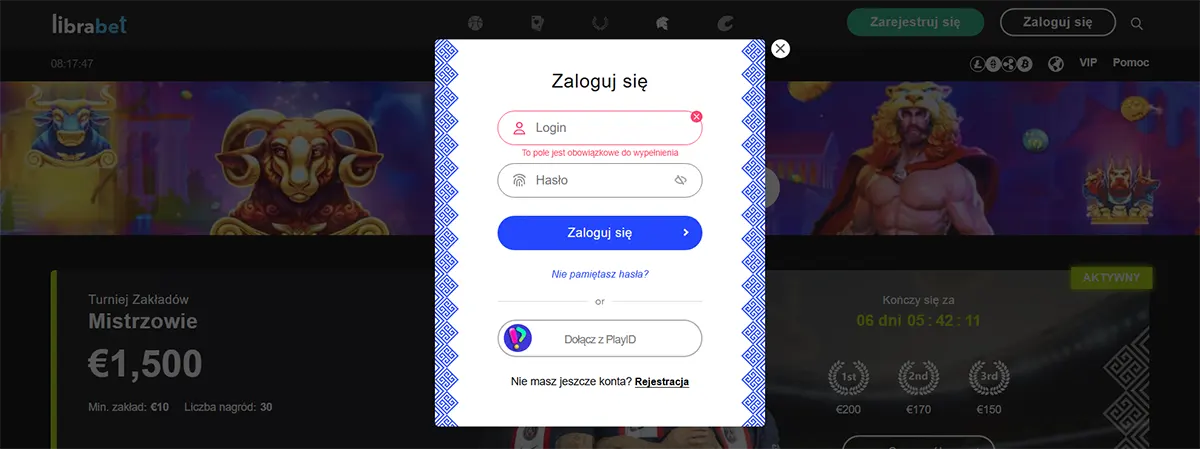 Betting platform login window in Polish showing login, password input, and PlayID sign-in option